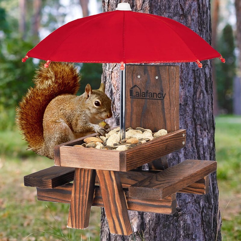 Lalafancy Squirrel Feeder Picnic Table with Umbrella, Carbonized Wood Squirrel Feeder for Outside Funny Chipmunk Feeder with Corn Cob Holder Structure Solid for Squirrel Gift - Image 2